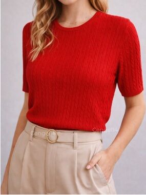 Vintage Pendleton Red Cable Knit Cotton Sweater Short Sleeve LP USA Preppy